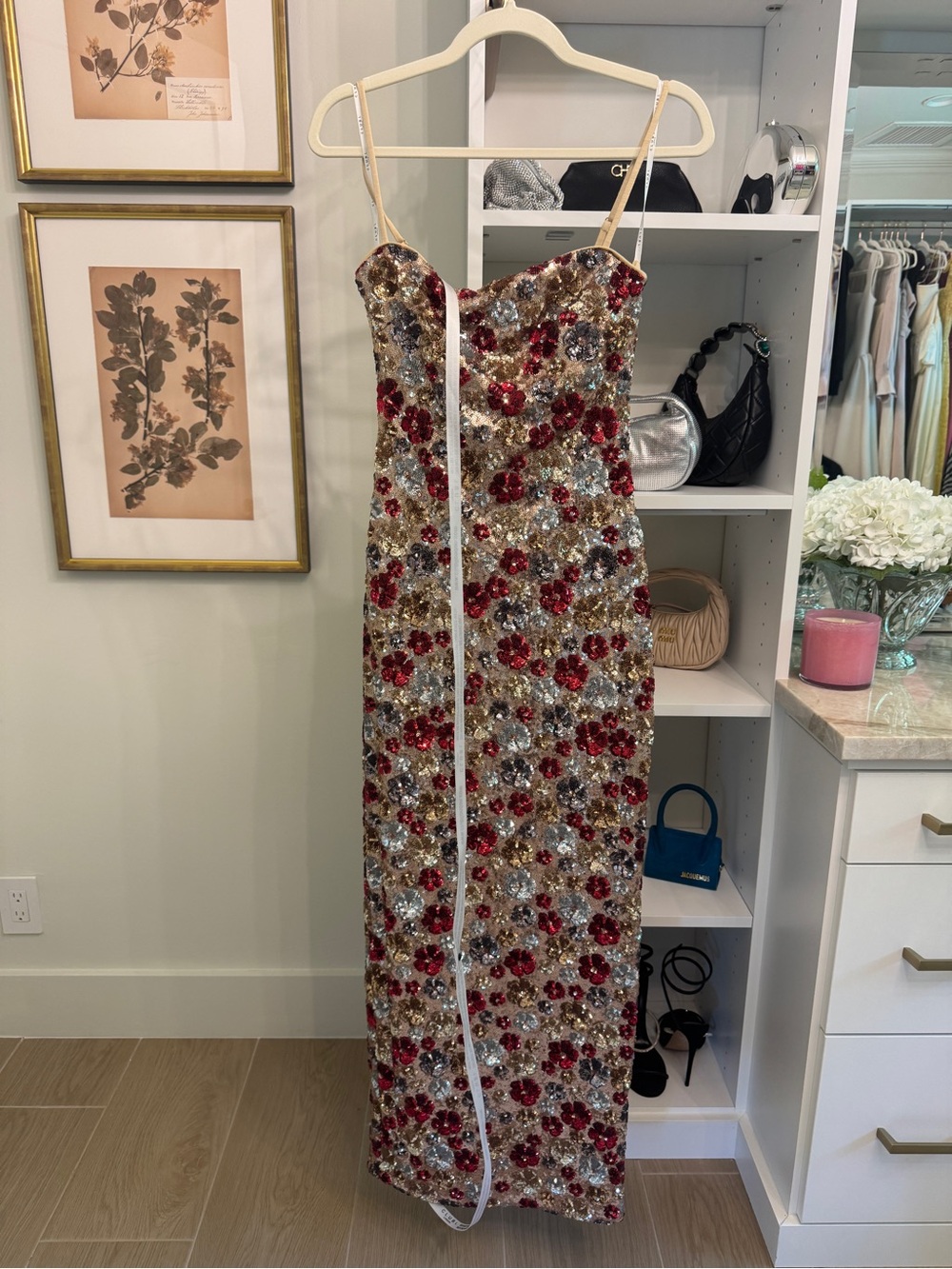 Vitora Red Floral Embellished Sequin Square-Neck Maxi Dress